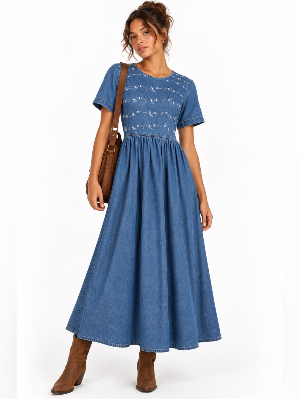 VINTAGE 90's Blue Denim Embroidered Cottagecore Prairie Short-Sleeve Maxi Dress